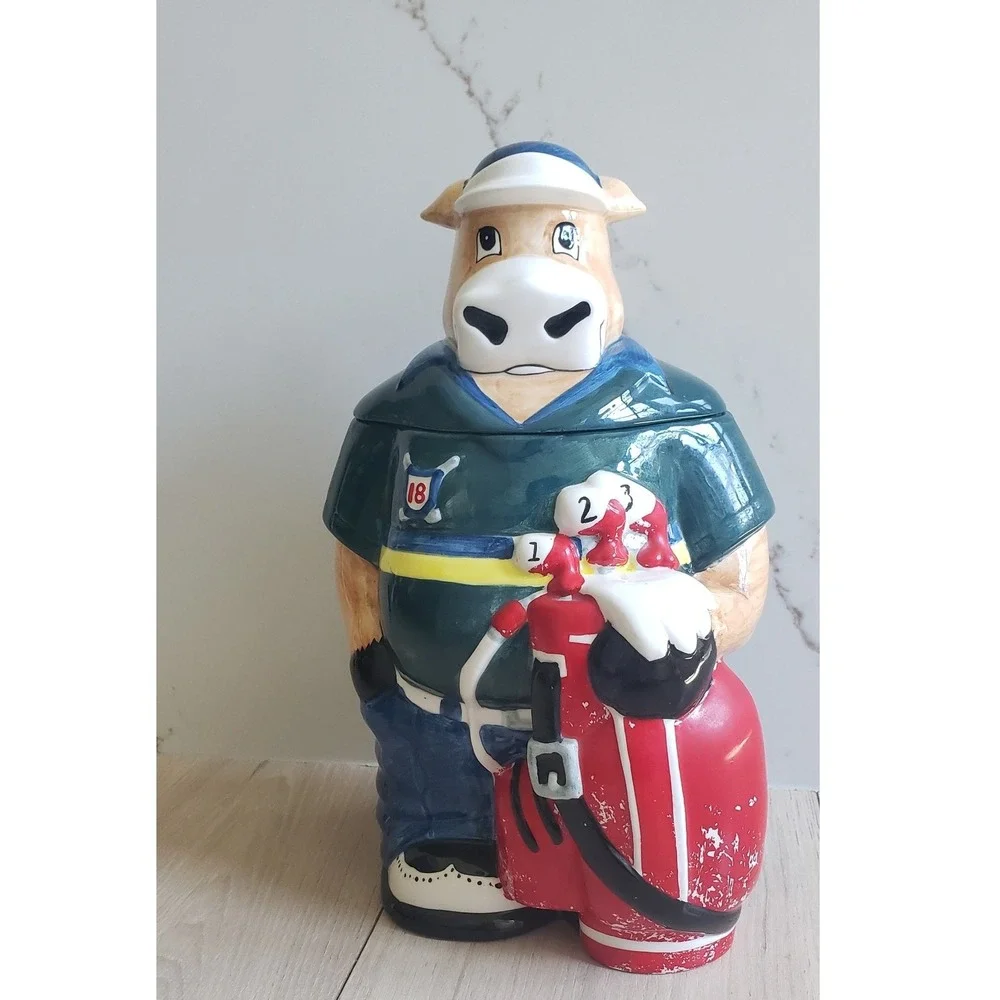 Vintage Cow Cookie Jar Golfer‎ Ceramic Whimsical Kitchen Decor 12 Inch